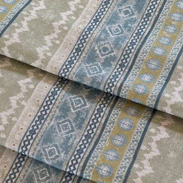 Rustic striped cotton linen fabric with blue, green, and mustard pattern